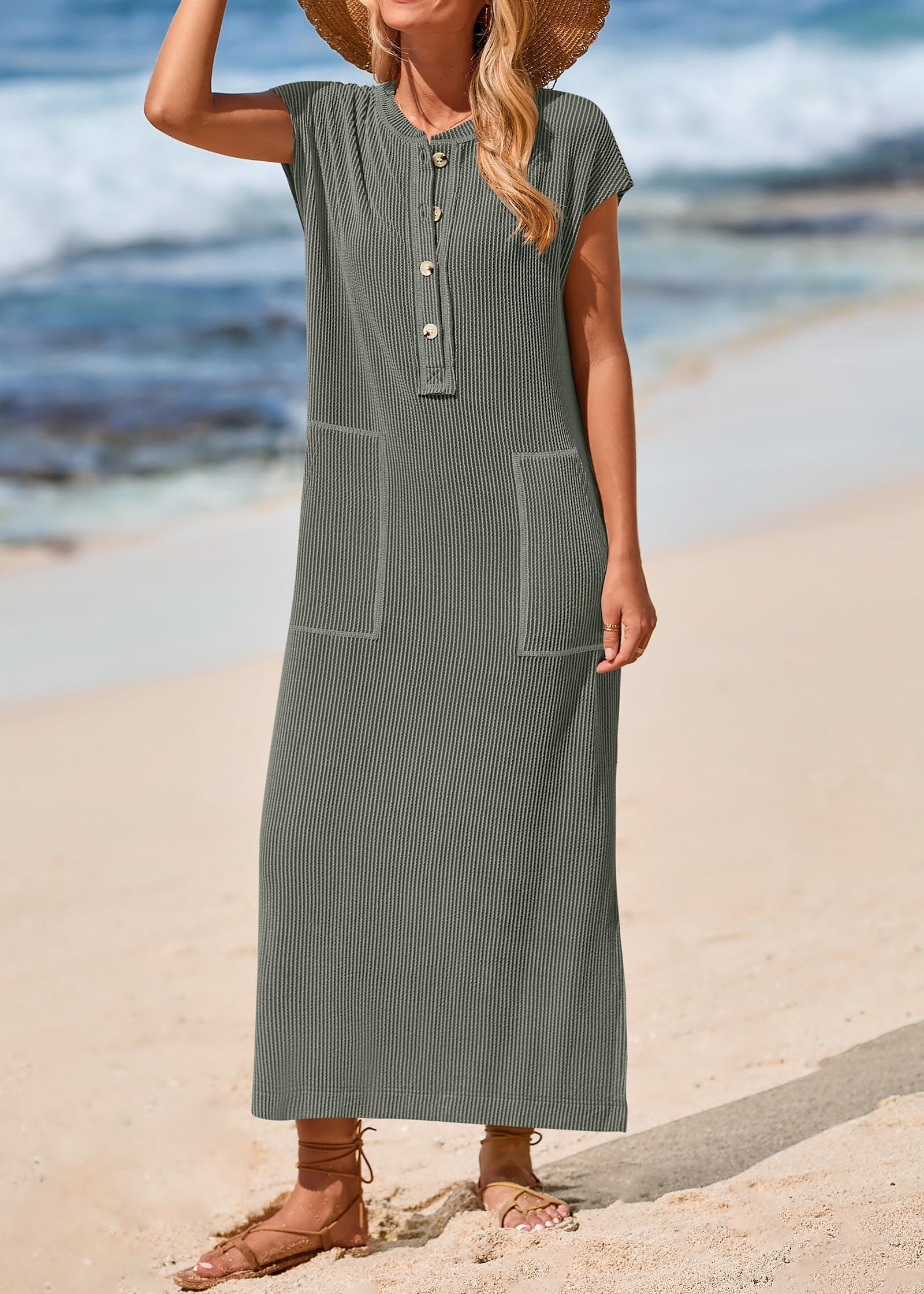 Summer ribbed knit button loose split henley short-sleeve maxi dress