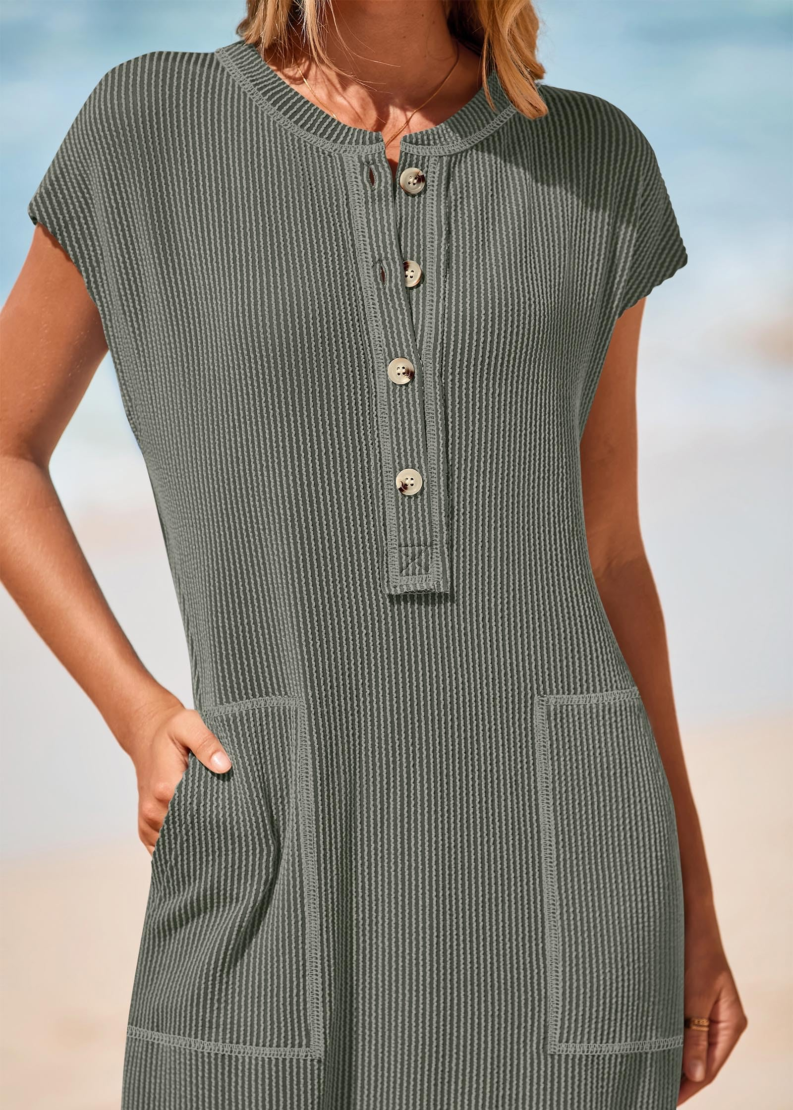 Summer ribbed knit button loose split henley short-sleeve maxi dress