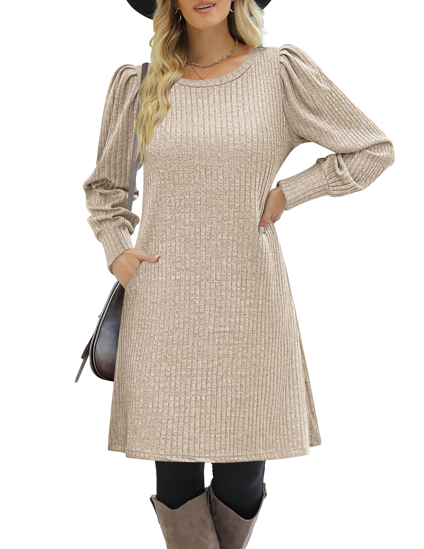 Women's knitted bubble long sleeve autumn and winter round neck casual waist dress
