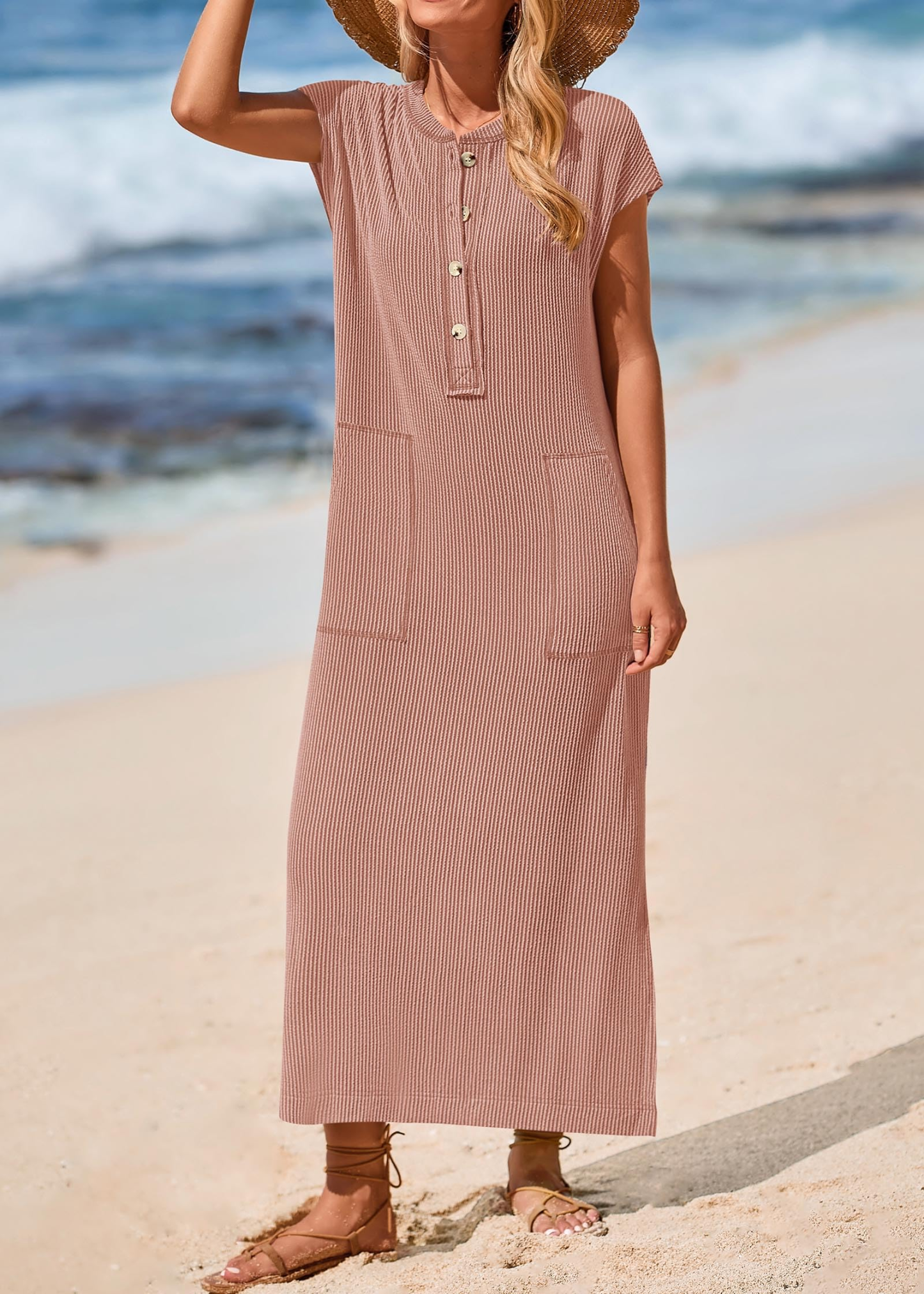 Summer ribbed knit button loose split henley short-sleeve maxi dress