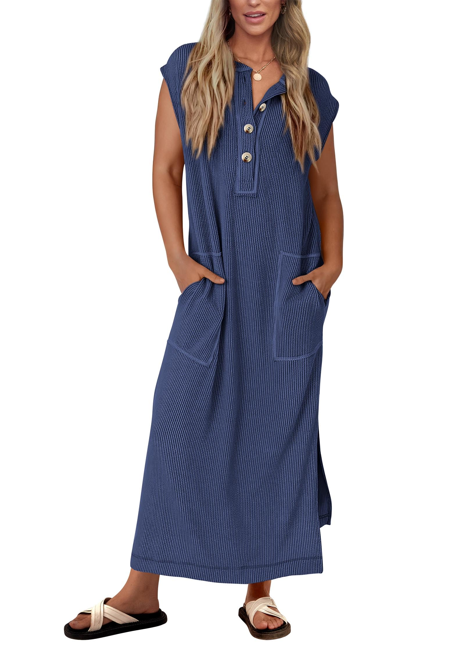 Summer ribbed knit button loose split henley short-sleeve maxi dress