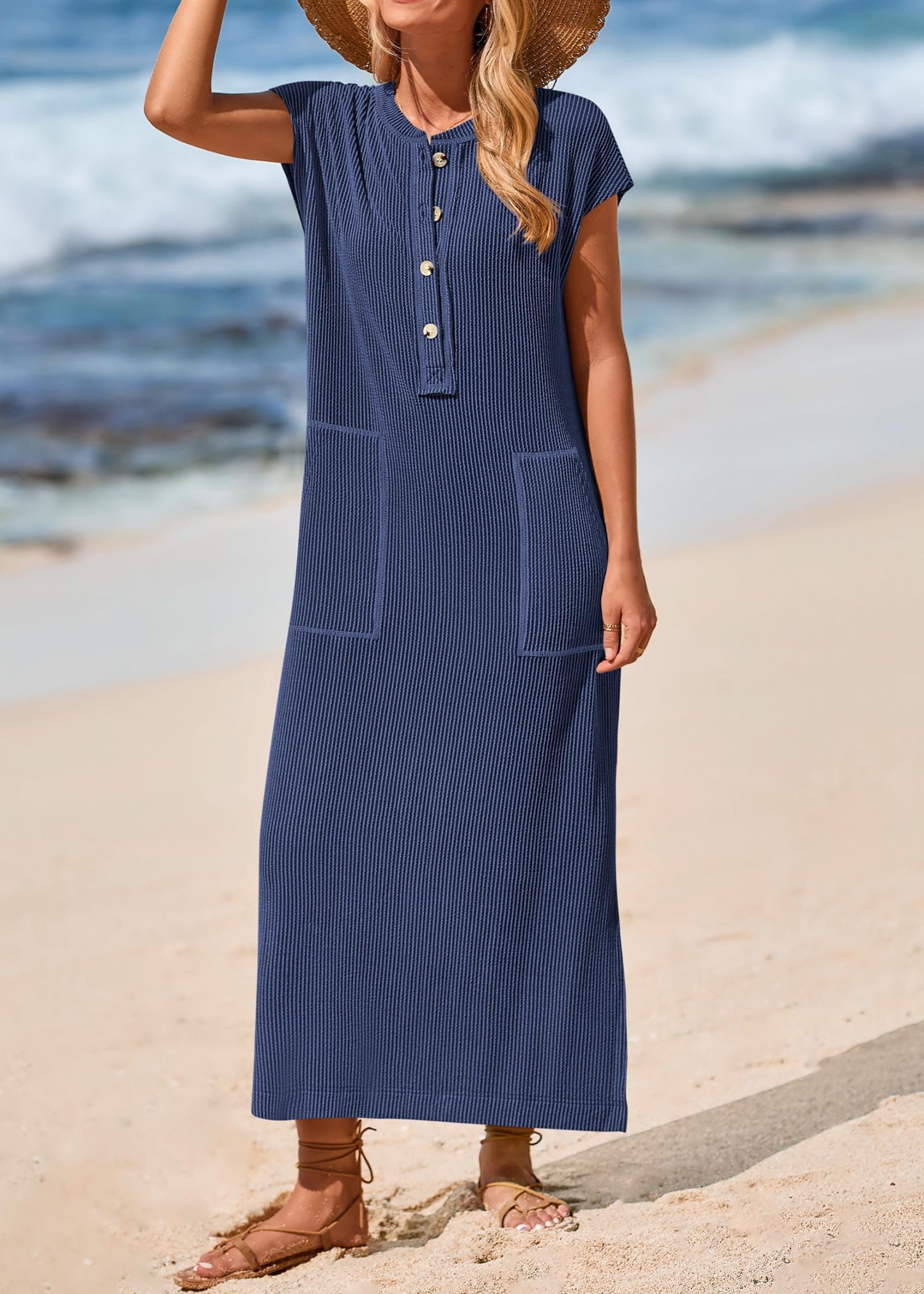 Summer ribbed knit button loose split henley short-sleeve maxi dress
