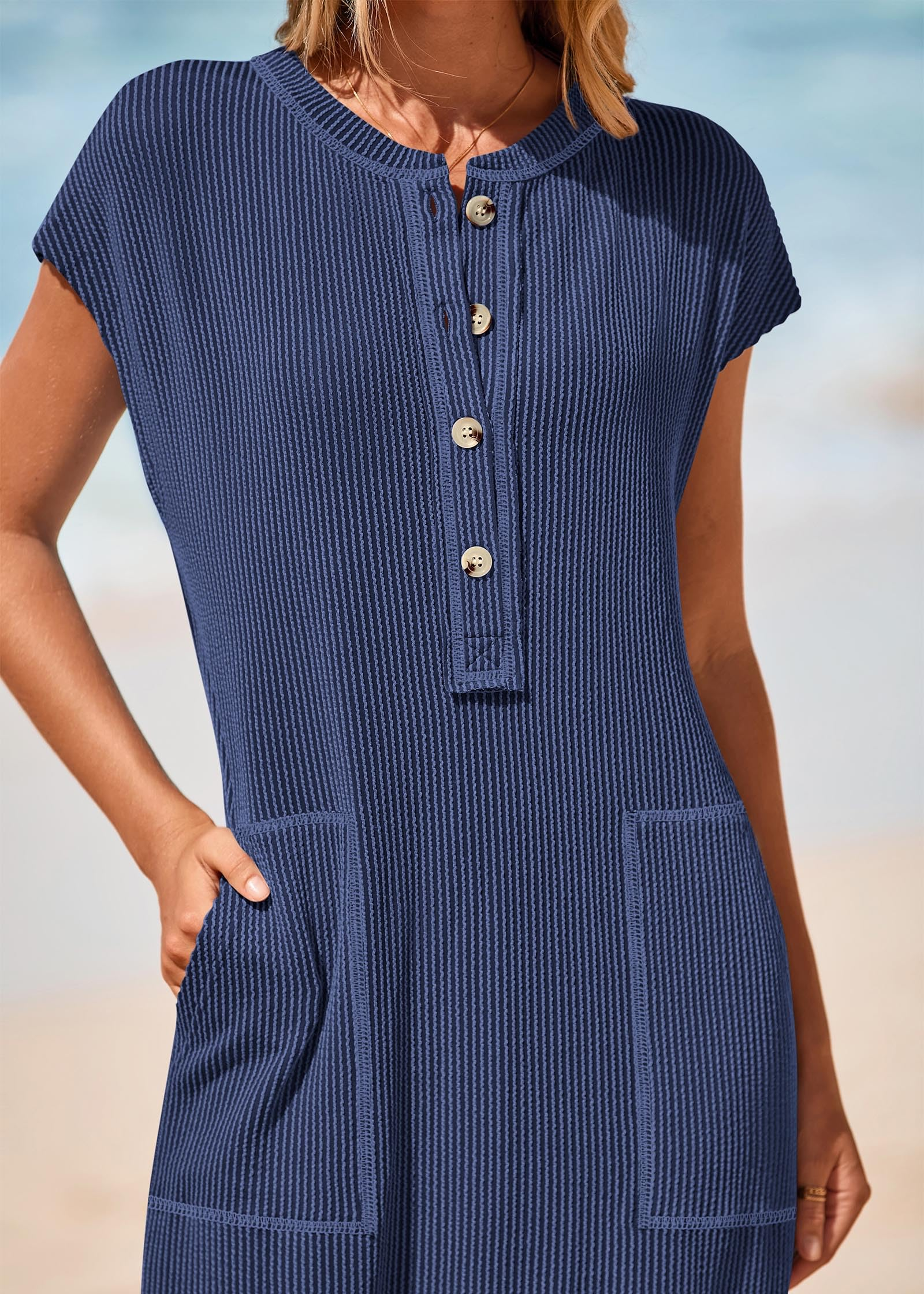 Summer ribbed knit button loose split henley short-sleeve maxi dress