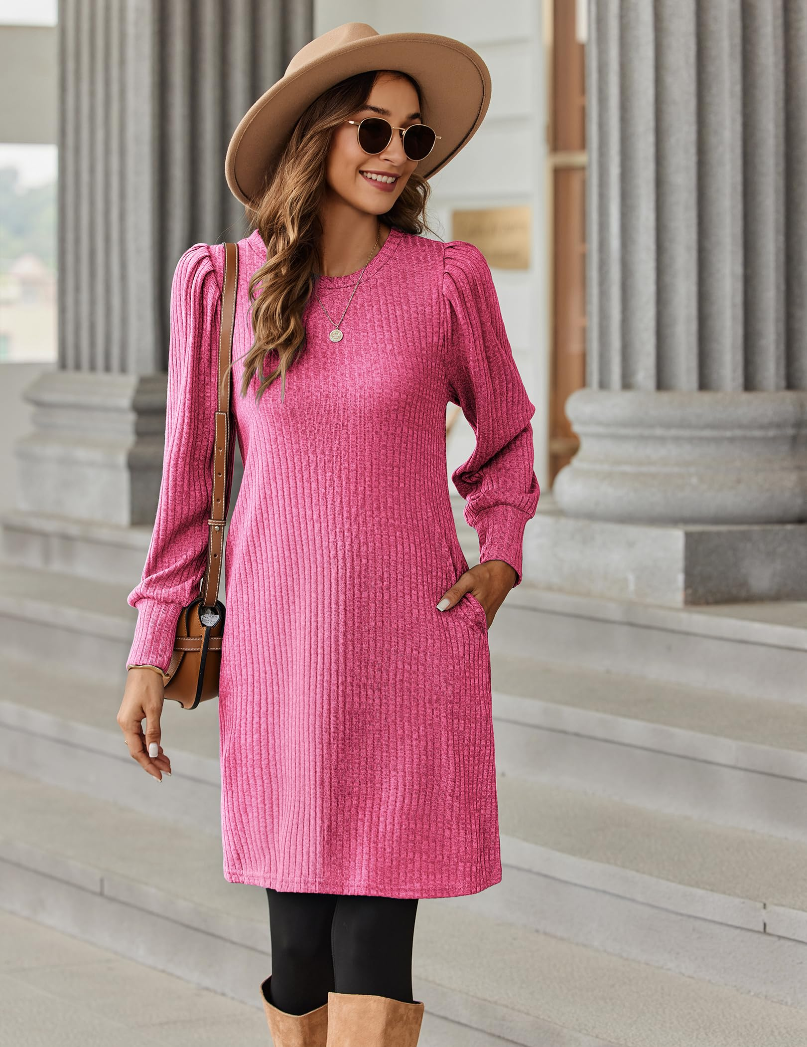 Women's knitted bubble long sleeve autumn and winter round neck casual waist dress
