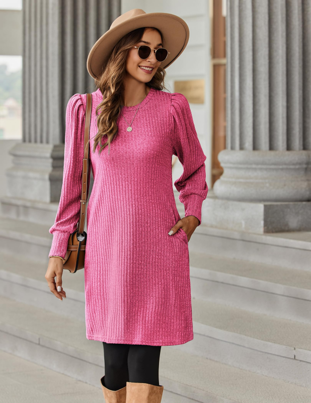 Women's knitted bubble long sleeve autumn and winter round neck casual waist dress