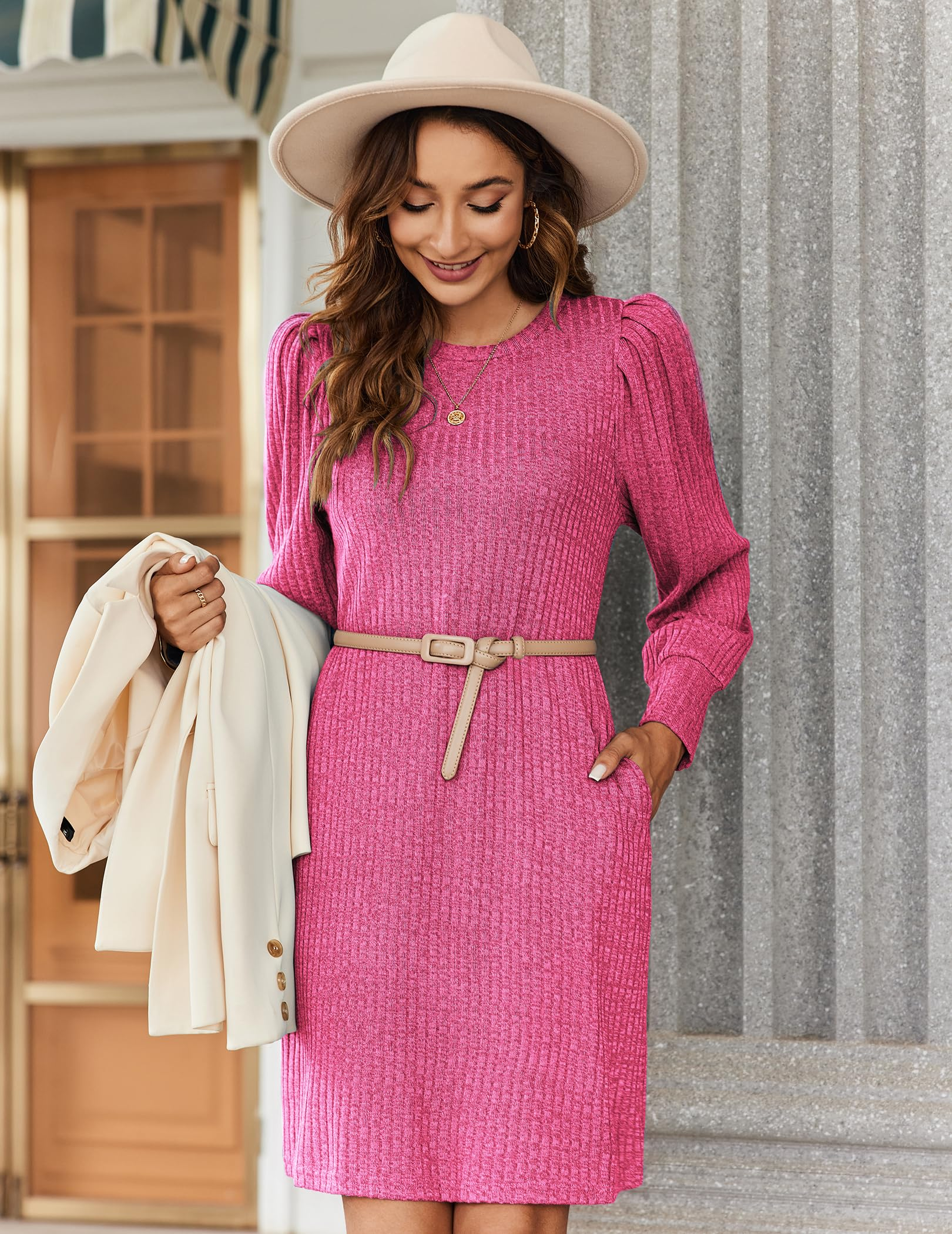 Women's knitted bubble long sleeve autumn and winter round neck casual waist dress