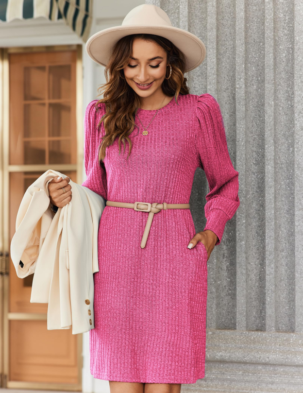 Women's knitted bubble long sleeve autumn and winter round neck casual waist dress
