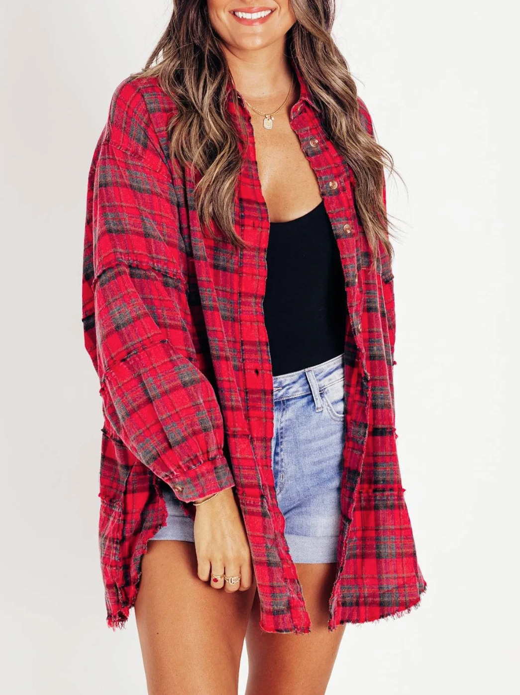 Women's autumn and winter loose plaid shirt with raw edge lantern slee