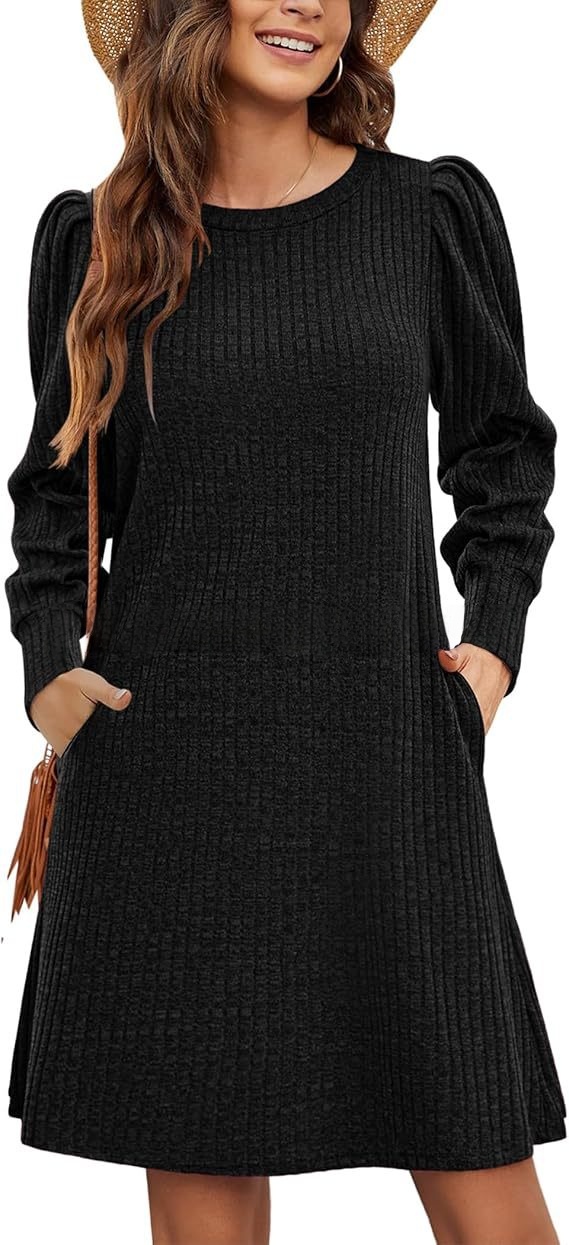 Women's knitted bubble long sleeve autumn and winter round neck casual waist dress