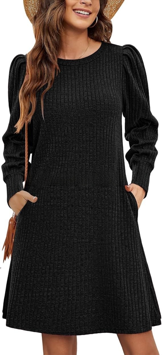 Women's knitted bubble long sleeve autumn and winter round neck casual waist dress