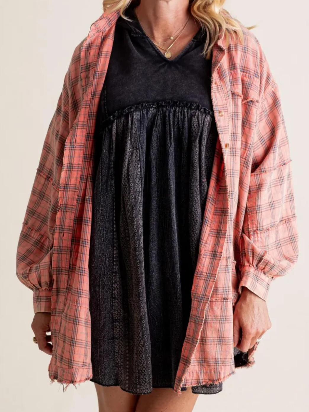 Women's autumn and winter loose plaid shirt with raw edge lantern sleeves