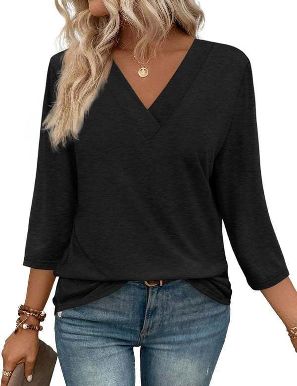 Women's V-neck casual waist knitted long-sleeved T-shirt