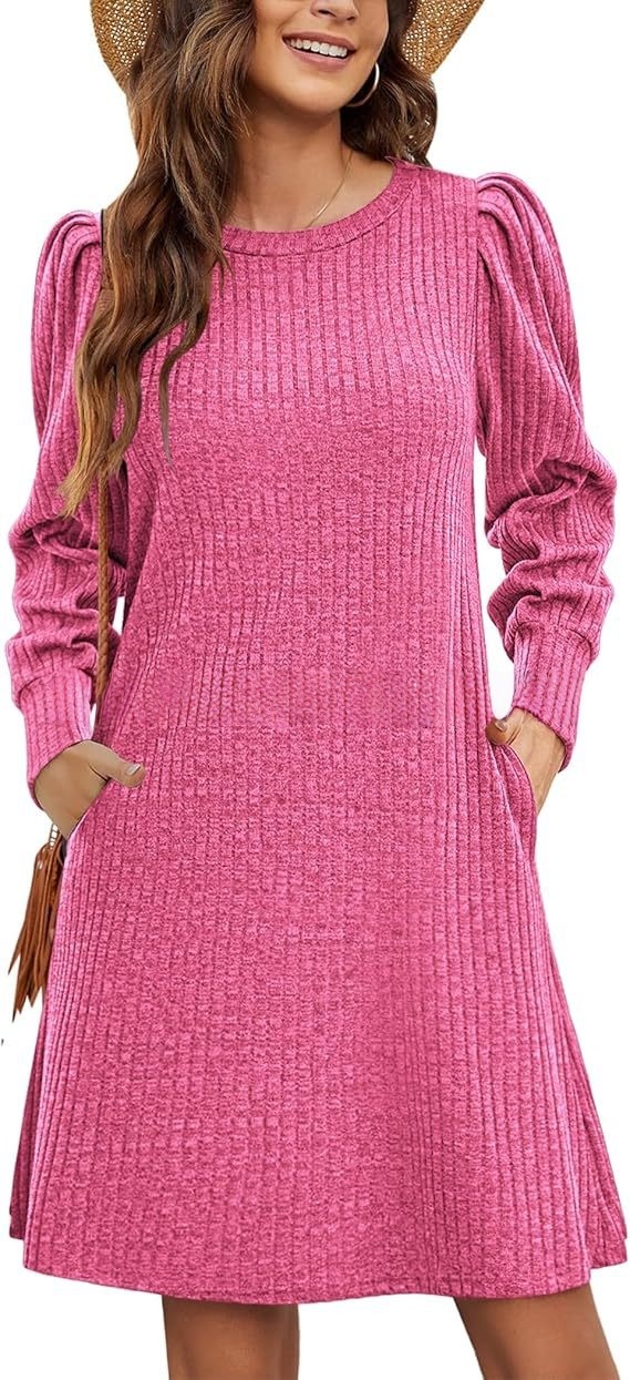Women's knitted bubble long sleeve autumn and winter round neck casual waist dress