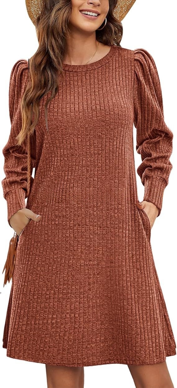 Women's knitted bubble long sleeve autumn and winter round neck casual waist dress