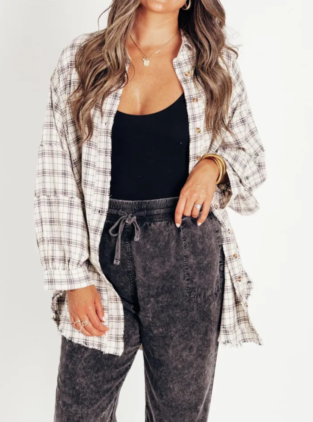 Women's autumn and winter loose plaid shirt with raw edge lantern sleeves