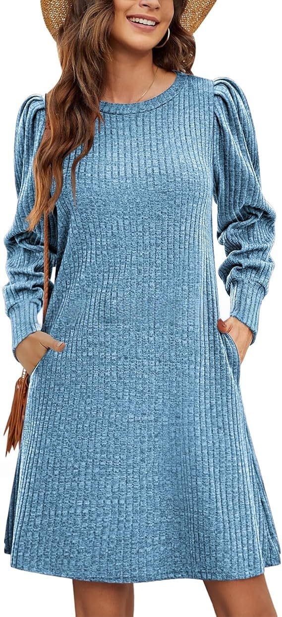 Women's knitted bubble long sleeve autumn and winter round neck casual waist dress