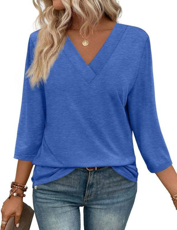 Women's V-neck casual waist knitted long-sleeved T-shirt