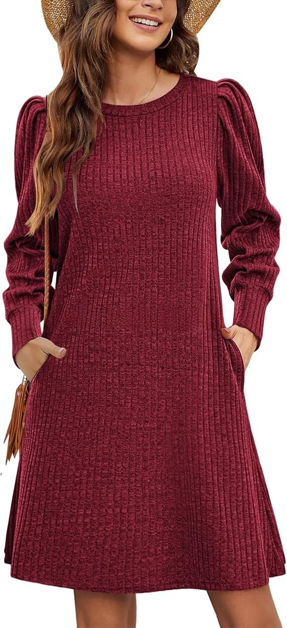 Women's knitted bubble long sleeve autumn and winter round neck casual waist dress