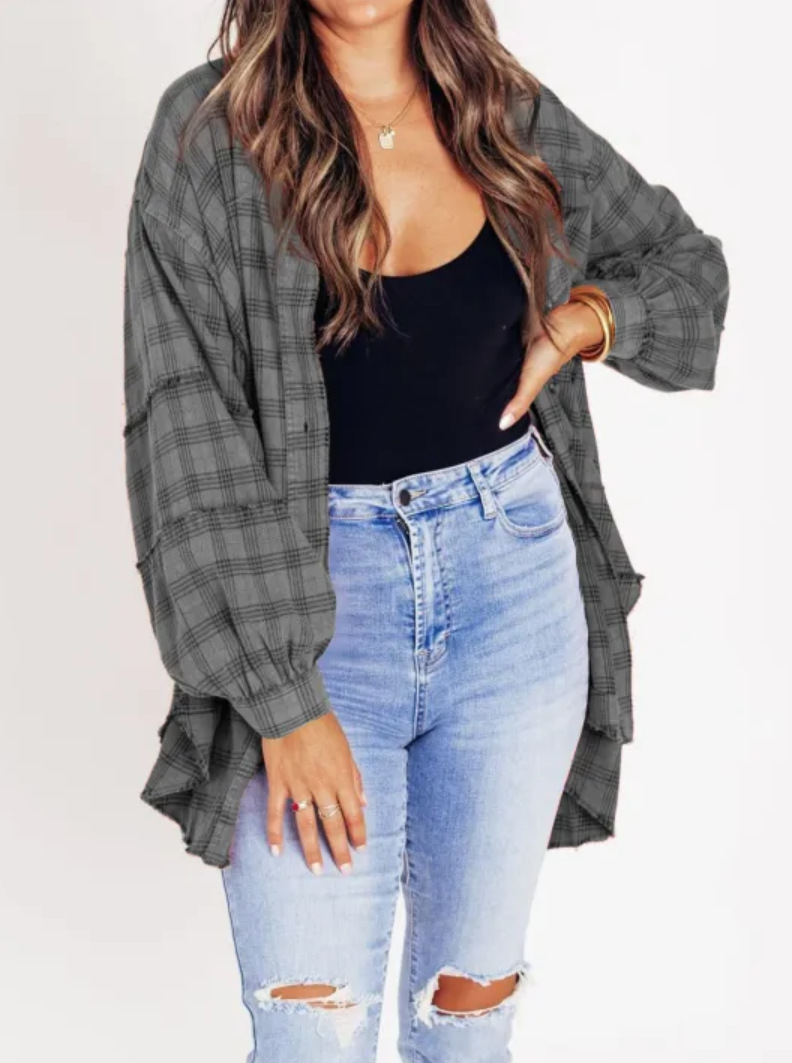 Women's autumn and winter loose plaid shirt with raw edge lantern sleeves