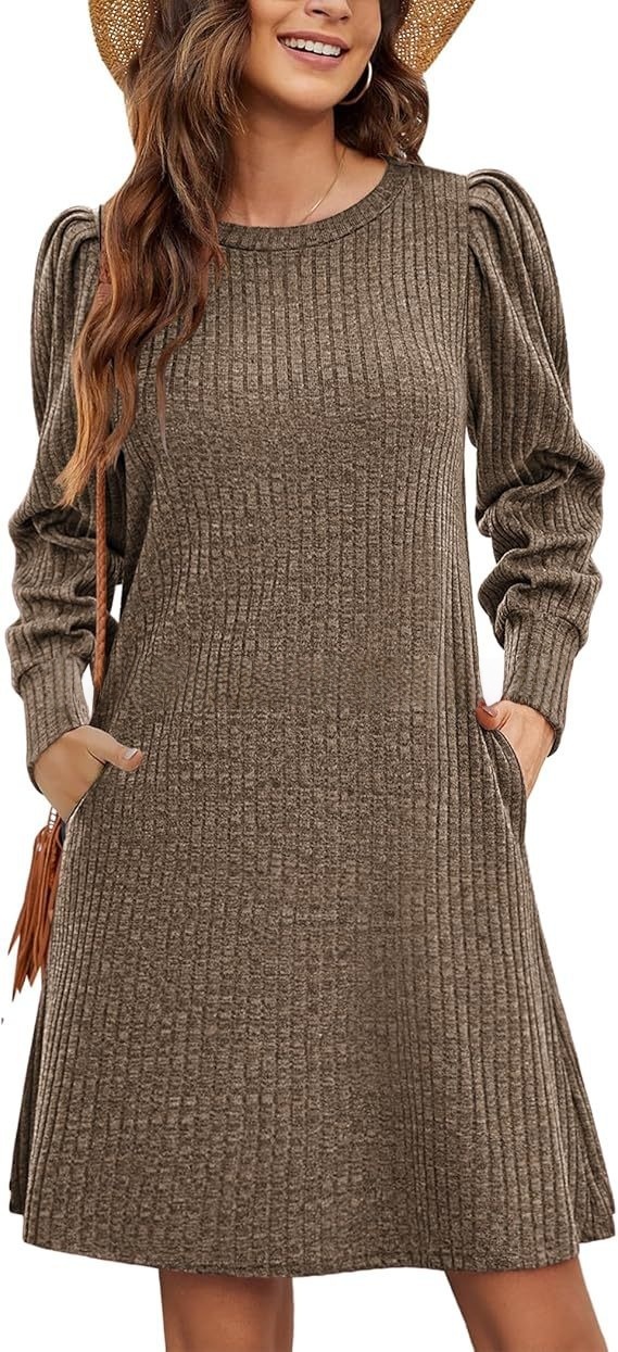 Women's knitted bubble long sleeve autumn and winter round neck casual waist dress