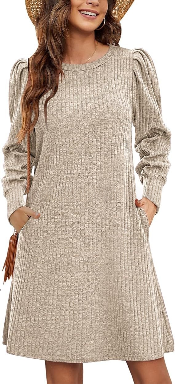 Women's knitted bubble long sleeve autumn and winter round neck casual waist dress