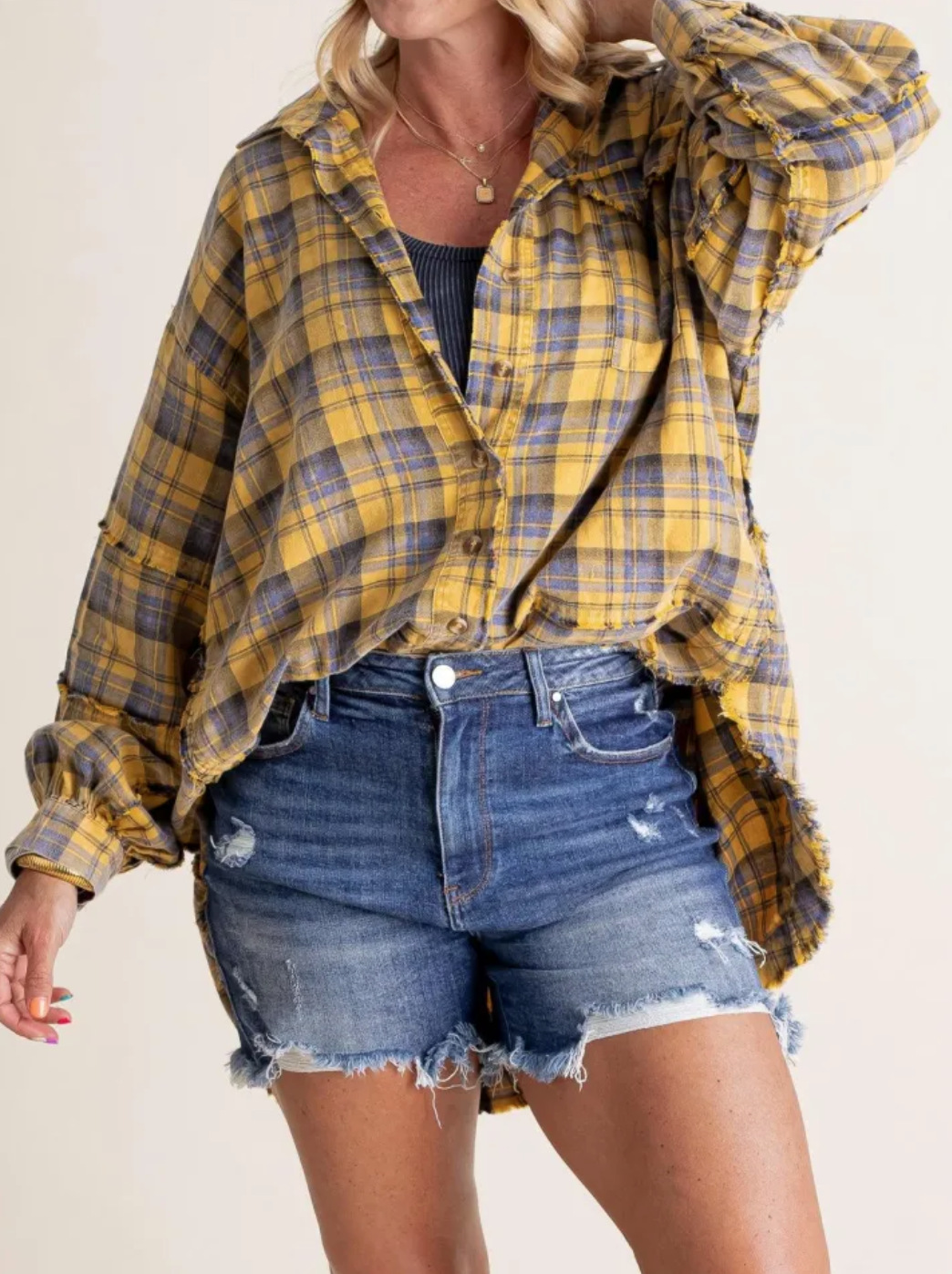 Women's autumn and winter loose plaid shirt with raw edge lantern sleeves