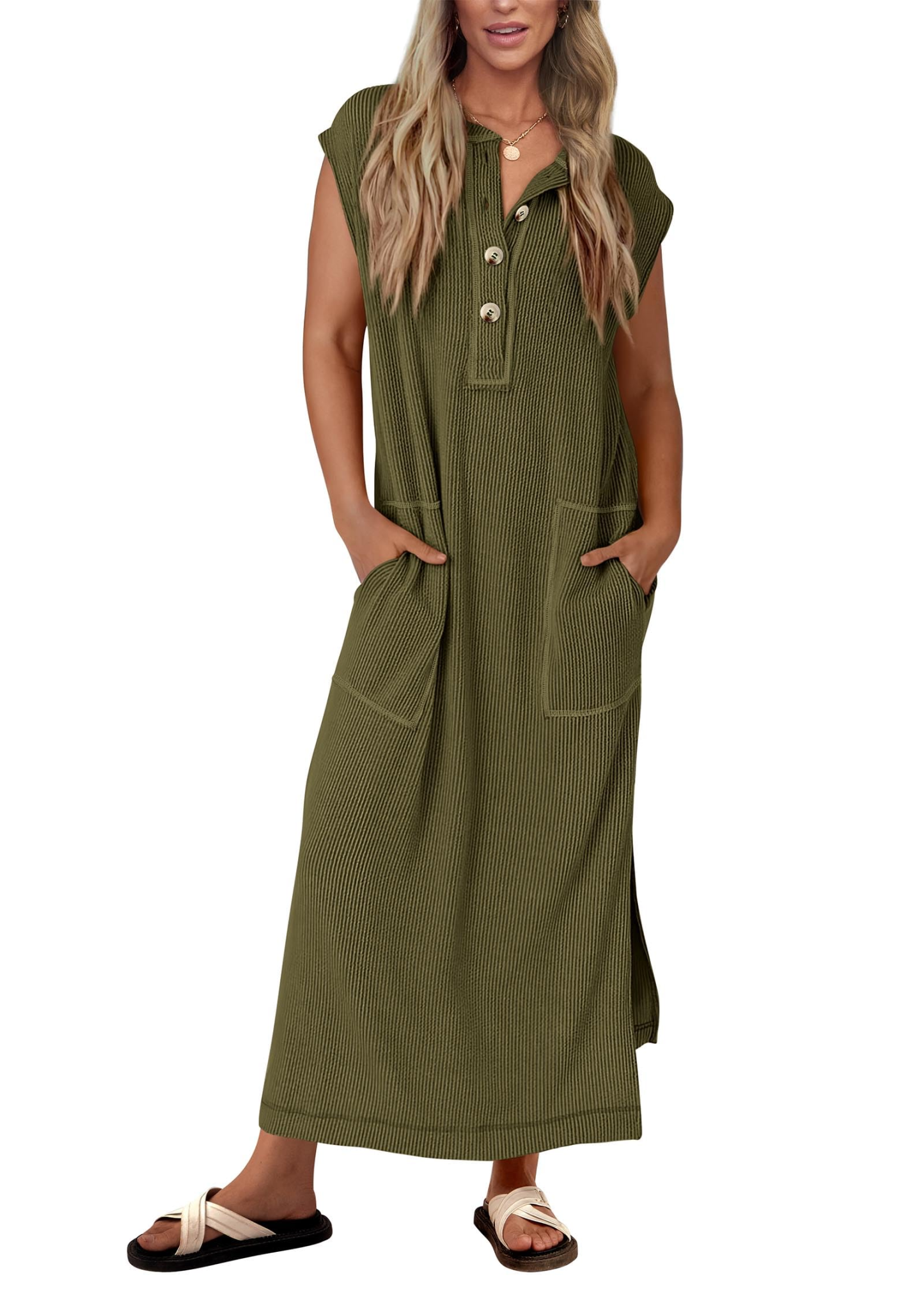 Summer ribbed knit button loose split henley short-sleeve maxi dress