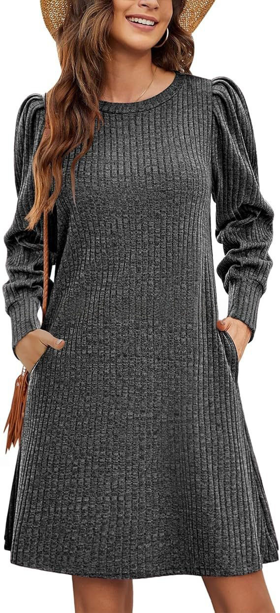 Women's knitted bubble long sleeve autumn and winter round neck casual waist dress