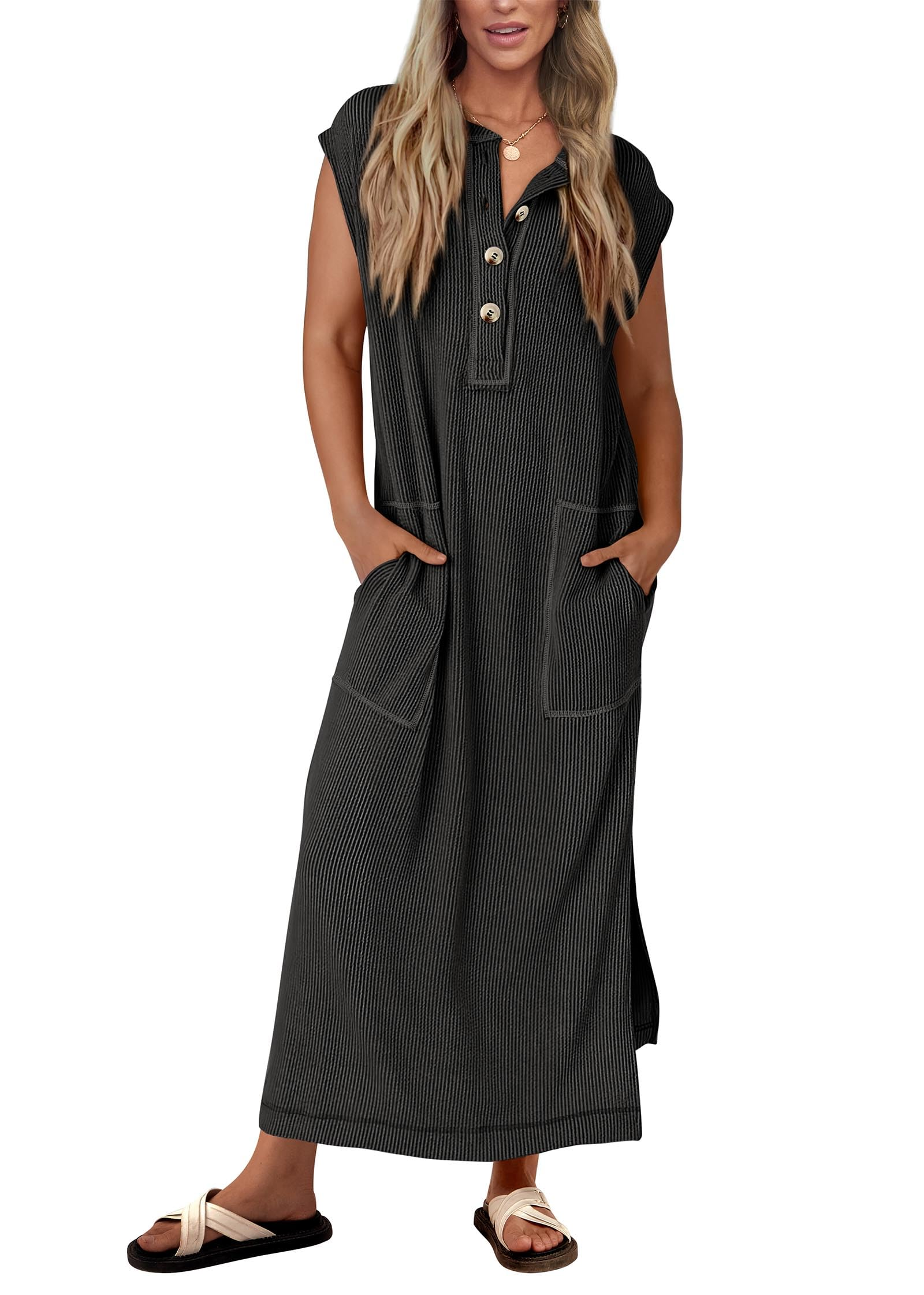Summer ribbed knit button loose split henley short-sleeve maxi dress