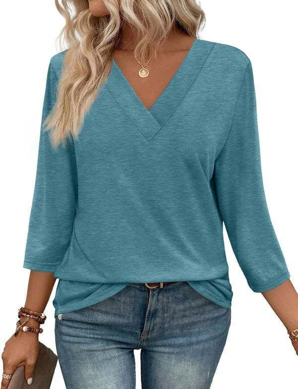 Women's V-neck casual waist knitted long-sleeved T-shirt