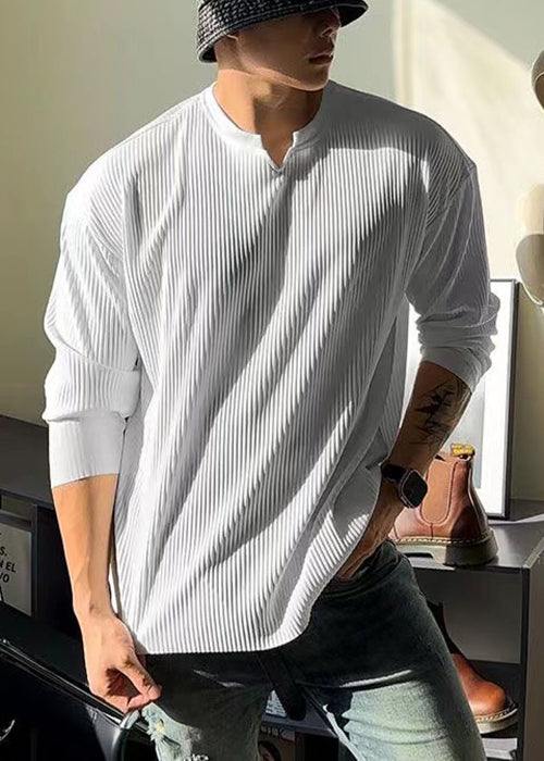 Spring Shirt Cotton V Neck T Solid Men Simple White