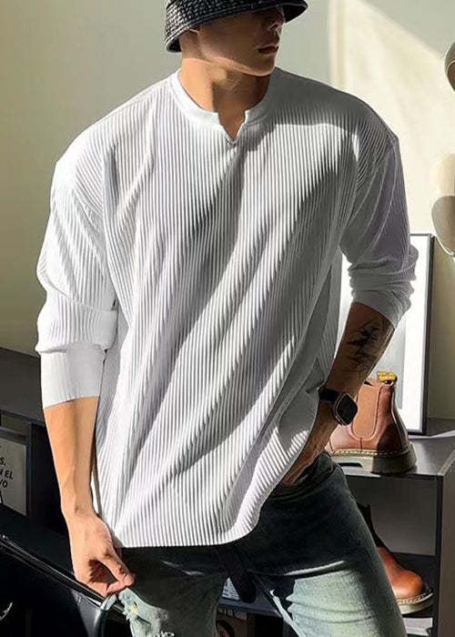 Spring Shirt Cotton V Neck T Solid Men Simple White