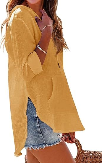 👗Women's Beach Cover Up hoodies sweatshirt Long Sleeve V Neck Pocketed Hooded Shirt Top