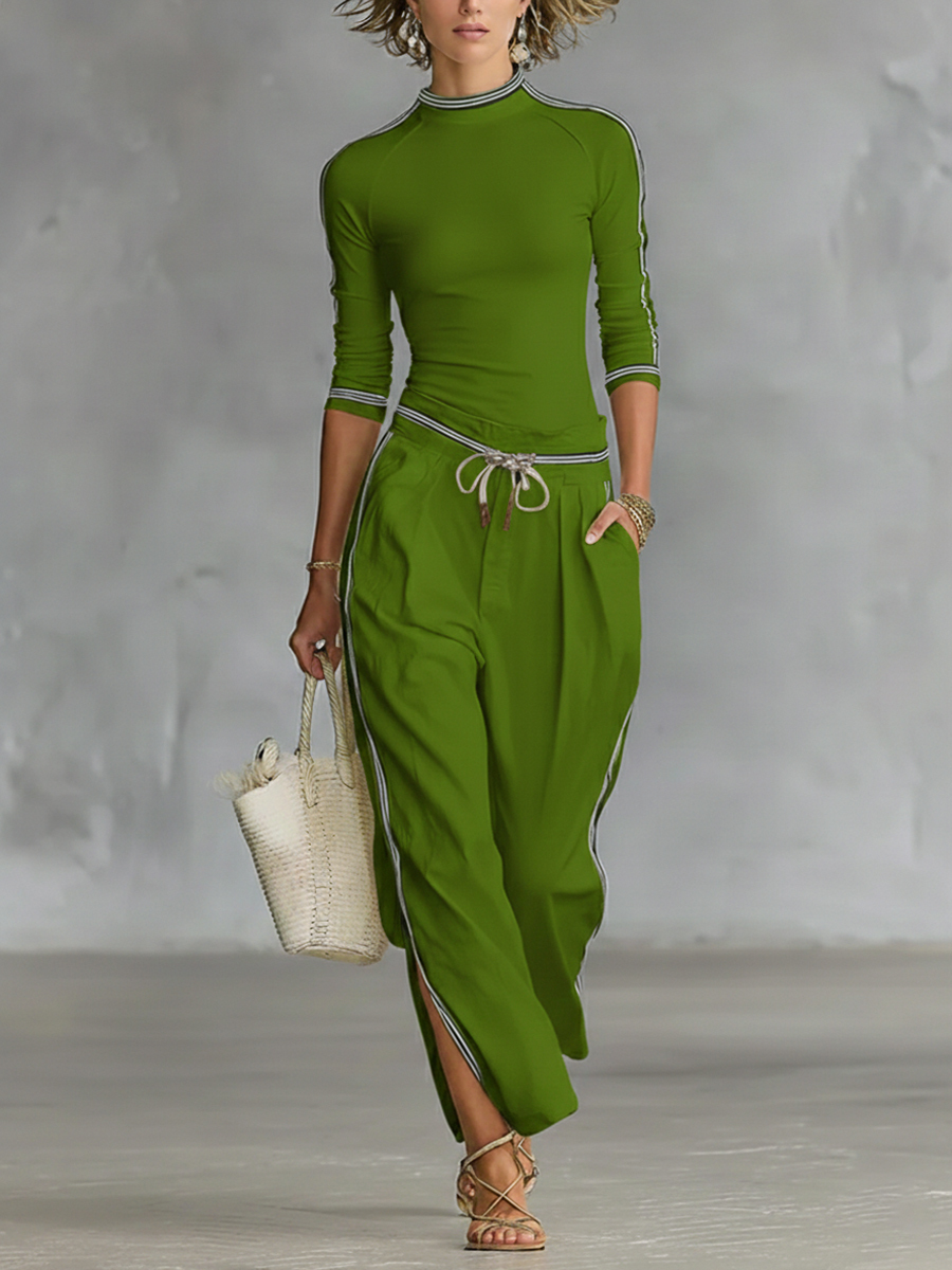 Cozy Stretch Knit Top And Linen And Cotton Trousers Two-piece Set