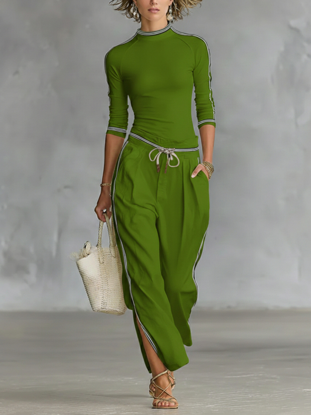 Cozy Stretch Knit Top And Linen And Cotton Trousers Two-piece Set