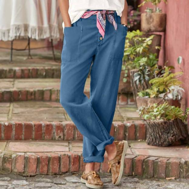 Loose-fit casual cotton-linen pants with row buttons