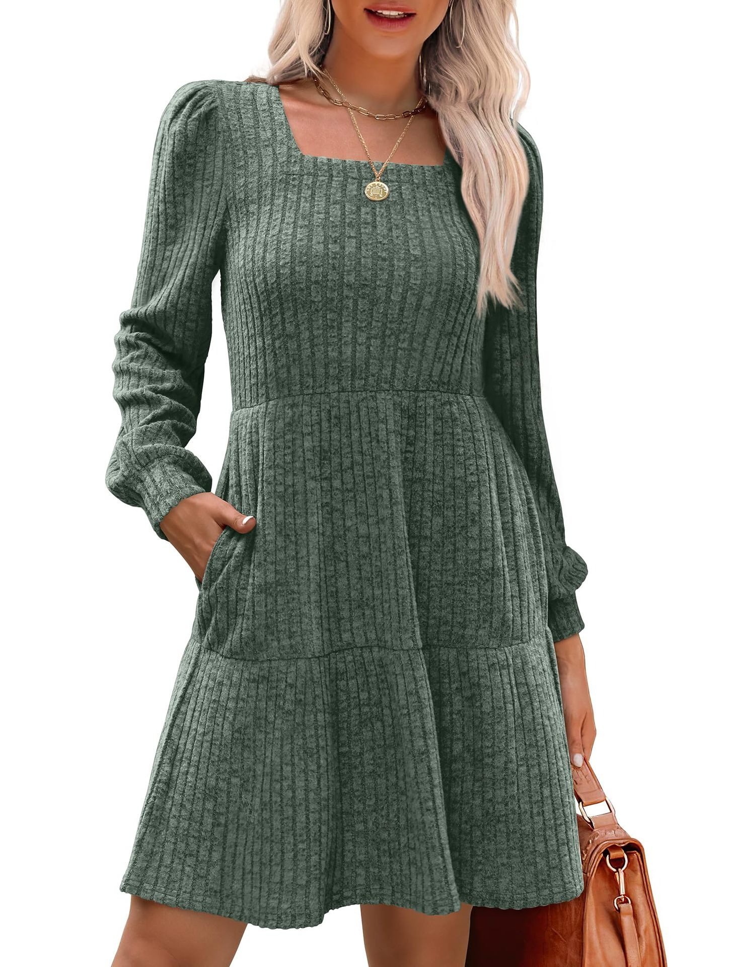 🔥Womens Square Neck Long Sleeve Fall Dresses Casual Babydoll Sweater Dress