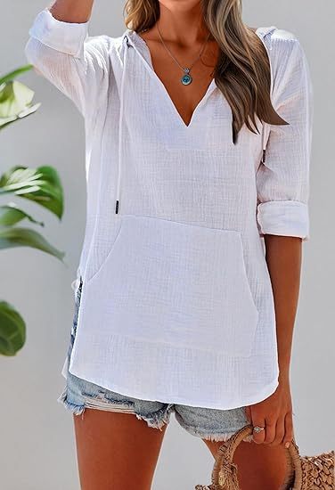 👗Women's Beach Cover Up hoodies sweatshirt Long Sleeve V Neck Pocketed Hooded Shirt Top