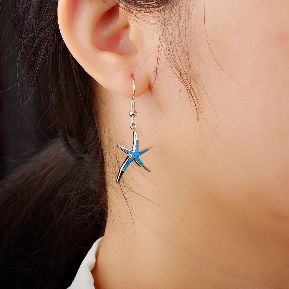 1pair Elegant Starfish Dangle Earrings, Imitation Opal Earrings, Beach Holiday Jewelry