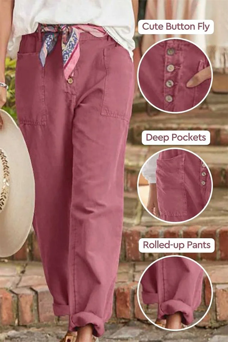Loose-fit casual cotton-linen pants with row buttons