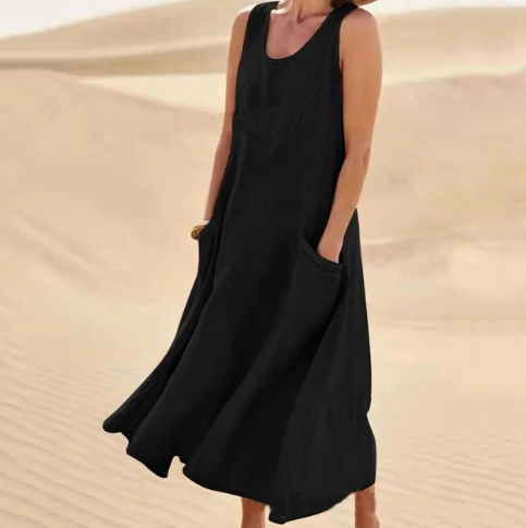 Women's Maxi Dress - Sleeveless Linen - Loose Fit with Pockets - Flowy