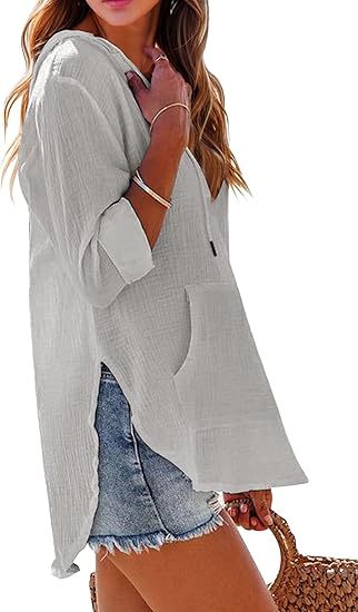 👗Women's Beach Cover Up hoodies sweatshirt Long Sleeve V Neck Pocketed Hooded Shirt Top