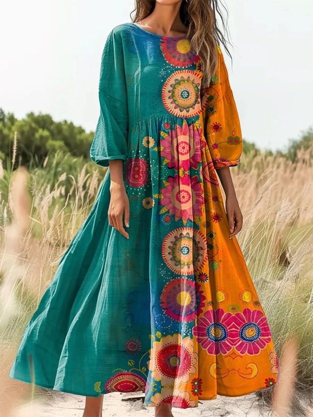 Women's Vintage Folk Art Floral Pattern Print Pocket Cotton Dress