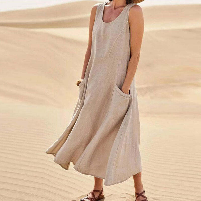 Women's Maxi Dress - Sleeveless Linen - Loose Fit with Pockets - Flowy Casual Wear