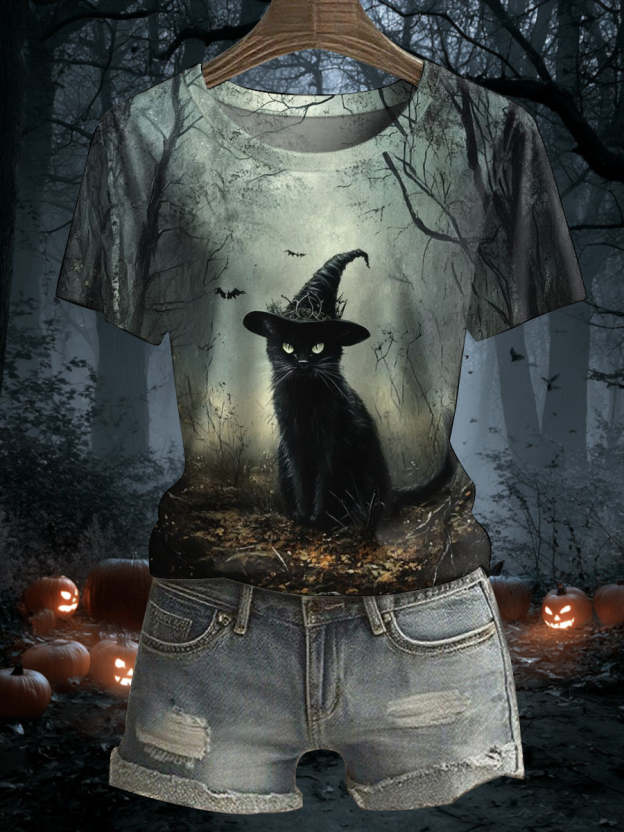Women's Halloween Black Cat Print Casual Tee