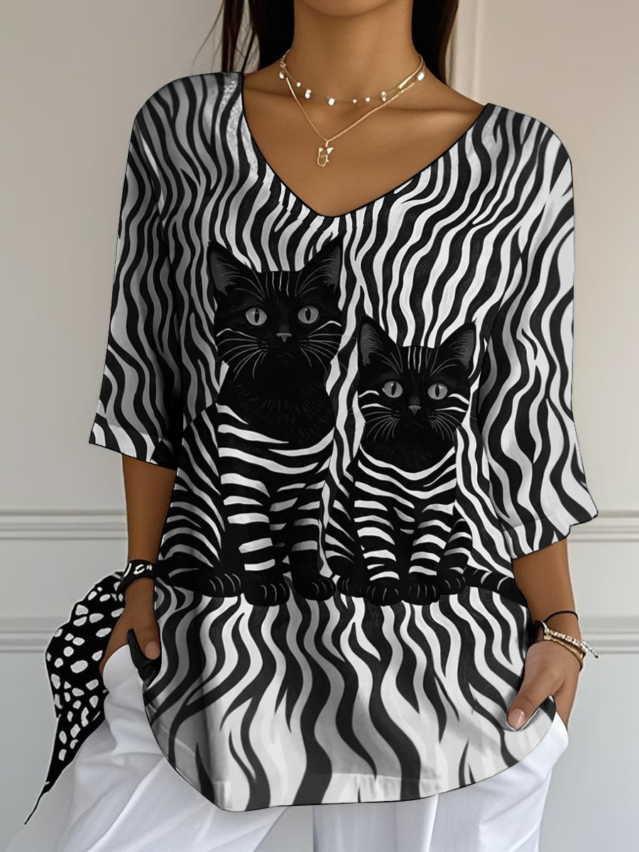 Women's Black Cats Stripes Print Casual Half-Sleeve Top