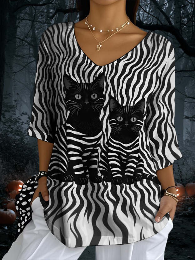 Women's Black Cats Stripes Print Casual Half-Sleeve Top