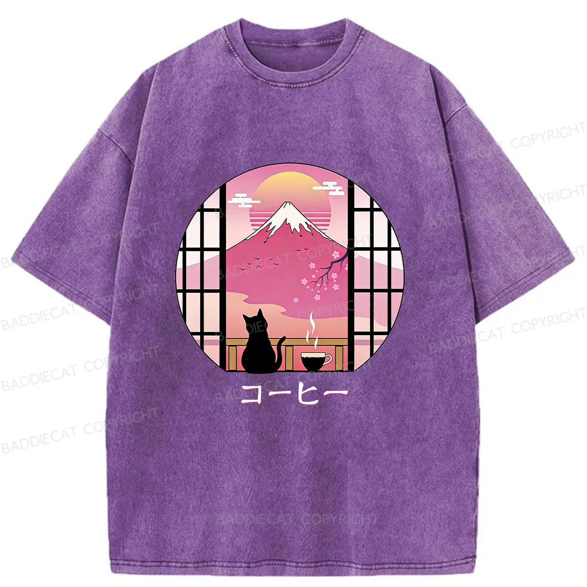 Baddiecat Coffee Cat On Mount Fuji Washed T-shirt