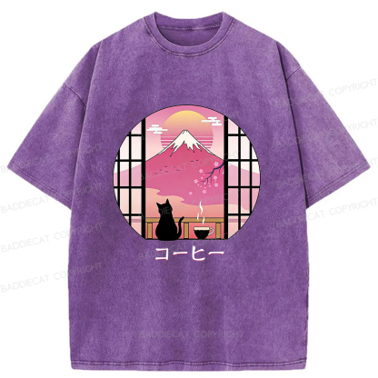 Baddiecat Coffee Cat On Mount Fuji Washed T-shirt