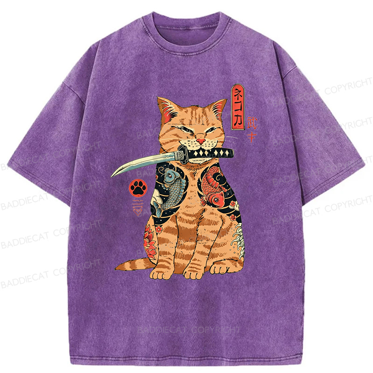 Baddiecat Samurai Cat Washed T-shirt
